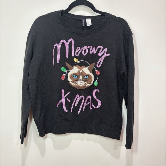 Cats Ugly Christmas Sweater Meowy Xmas Women M Black Kitty Grumpy Cat Lady Tacky - Picture 1 of 8